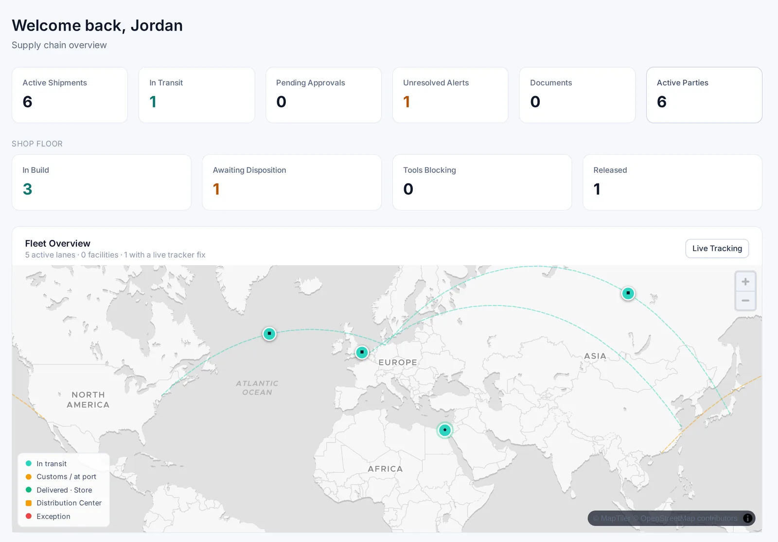 Cargovate dashboard: shipment and shop-floor counts above a fleet map of active lanes