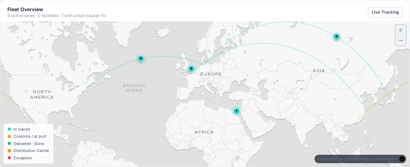 Fleet overview map showing active shipping lanes and positions