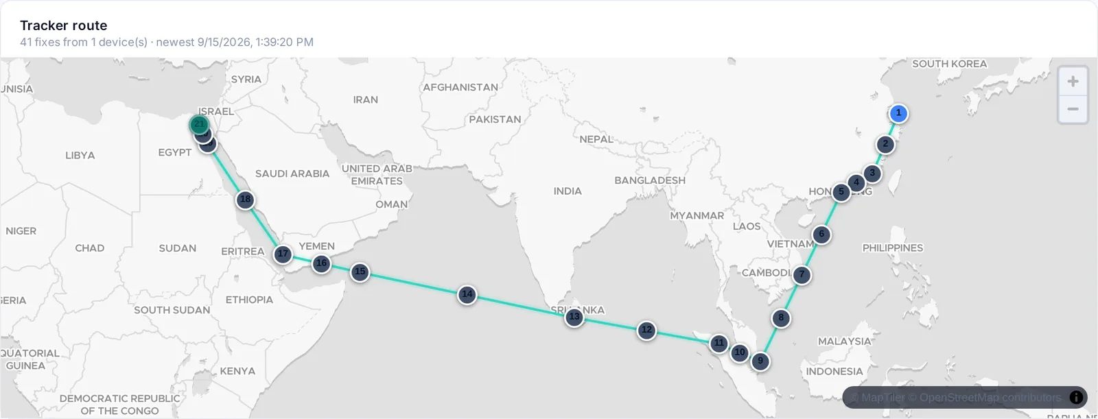 A tracker route from Shanghai through the Strait of Malacca and the Red Sea to Suez