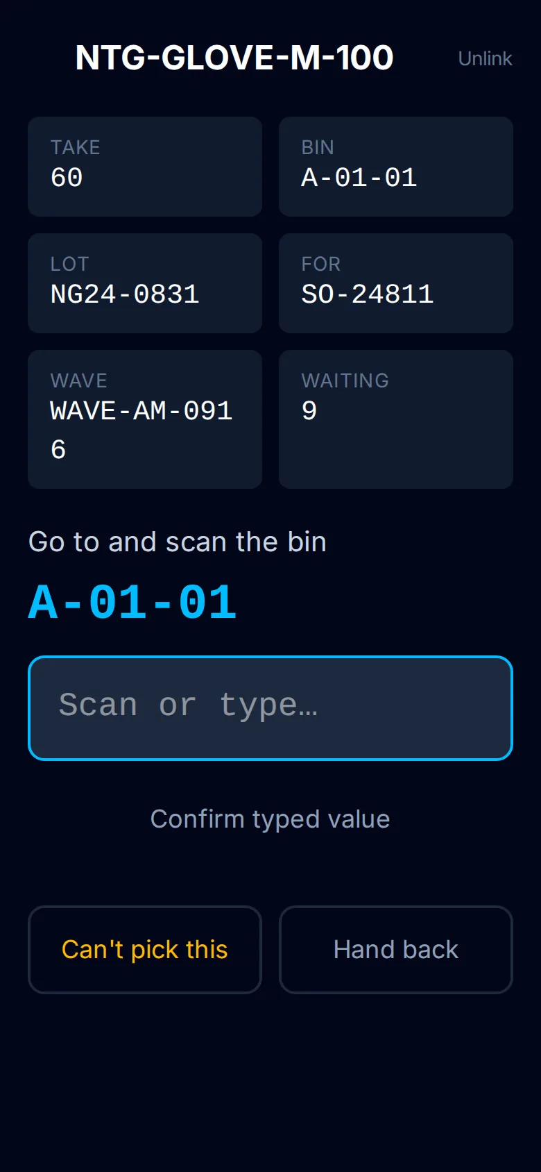 The handheld screen mid-pick: item, bin, lot, order and wave, waiting for the bin to be scanned